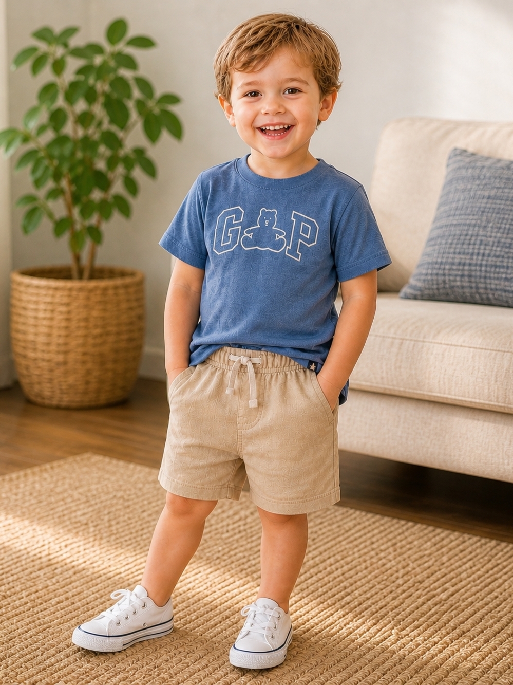 Baby Gap Toddler Outfit Set Blue Bear Logo Tee & Khaki Shorts Size 3T #2135